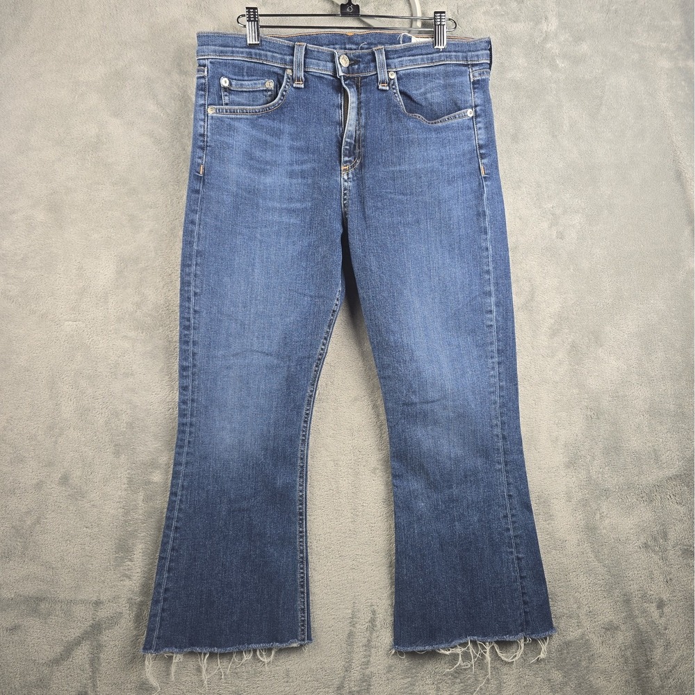 Rag & Bone Jeans Womens Sz 10 (30x23) Blue Cropped Flare Raw Hem Mid Rise Capri